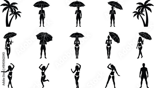 People and beach umbrella silhouettes set featuring men women tropical palms walking standing dancing poses black isolated vector collection