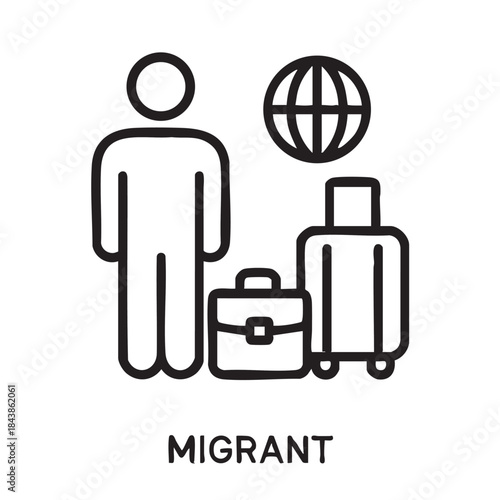 A simple line drawing depicts a migrant with luggage representing travel relocation and global movement
