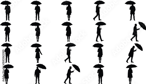 People silhouettes holding umbrellas in different walking and standing poses isolated on white background rainy weather concept illustration