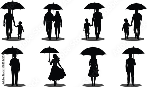 People with umbrella silhouettes collection showing family, couples, adults, children in rain protection concept, black isolated vector set