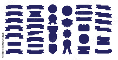 Collection of isolated dark blue ribbon banners shield shapes and circular emblems for design elements