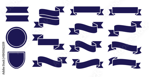 Dark blue collection of wavy ribbon banners decorative frames and shield shape emblems vintage design elements