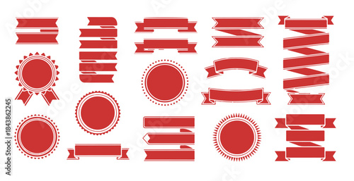 Bright red vintage collection of ribbon banners stacked labels decorative circular seals and award medallions set