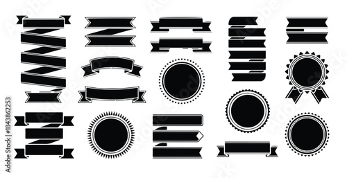 Black monochrome collection of horizontal and stacked ribbon banners round dotted seals and spiky medallions set