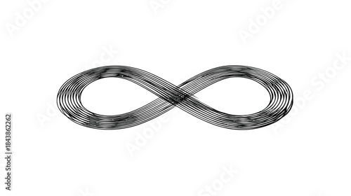 Modern infinity symbol formed by multiple textured, wavy lines on a clean white background, representing eternity, endlessness.