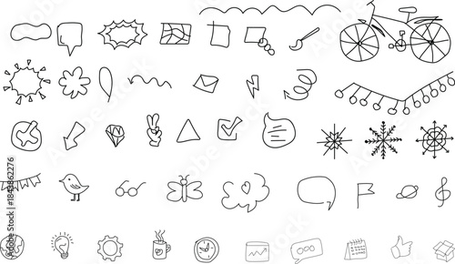 Hand drawn vector alphabet set of doodle food, music, school, and web sketch icons illustration