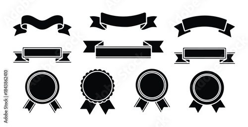 Classic set of blank black ribbon banners scrolls and round award rosettes perfect for certifications