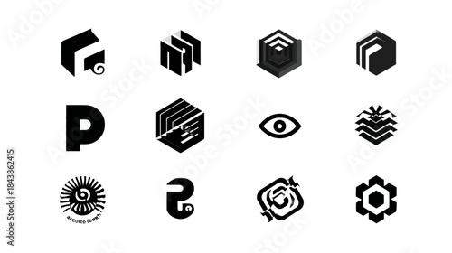 Modern abstract geometric black and white icons and symbols set for corporate branding, technology, and business design projects