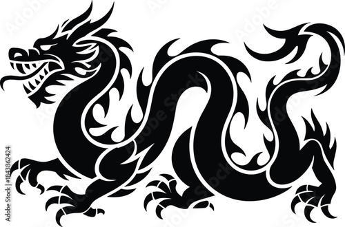 Black and white dragon with sharp teeth and claws mythical creature