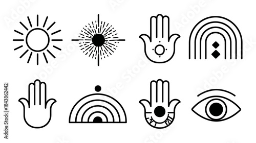 Boho Spiritual Celestial Line Art Icons Set. Mystical Sun, Hamsa Hand, Rainbow, and Evil Eye Symbols Collection.