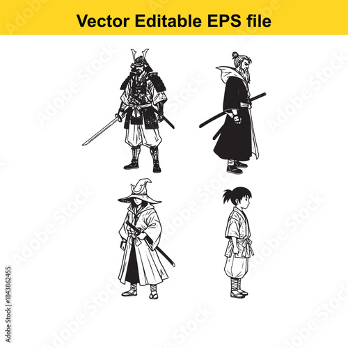  Four samurai warriors in traditional attire