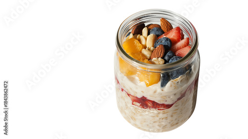 Healthy Overnight Oats Jar with Fresh Berries, Nuts, and Fruit Isolated on Transparent Background