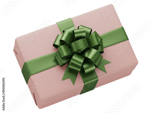 Pink gift box with luxurious green ribbon bow, realistic 3D rendering, festive celebration present packaging
