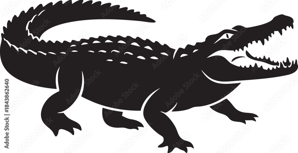 Fototapeta premium Black Silhouette of an Aggressive Open-Mouth Alligator or Crocodile Vector