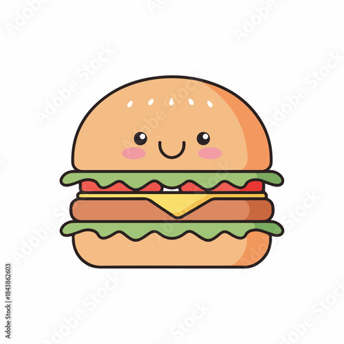 Happy Hamburger Delight: A charming, smiling hamburger with fresh ingredients, crafted to spark joy and appetites. 