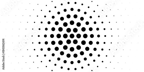 Radial halftone spotted gradient background. Dotted stains concentric texture with fading effect. Black and white circle shade wallpaper. Grunge rough vector. Monochrome geometric backdrop.