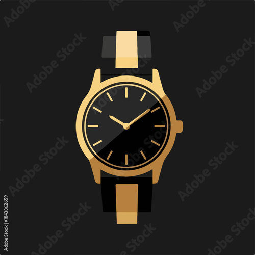Elegant Timepiece: A sophisticated, gold-toned wristwatch with a sleek, black face, exuding luxury and precision, set against a dark backdrop.