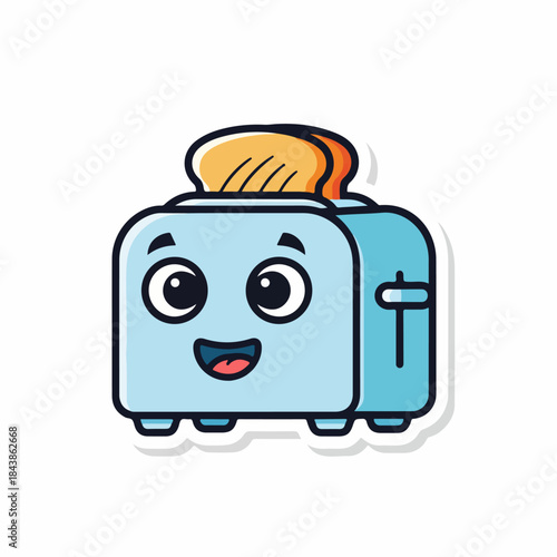 Cheerful Toaster Cartoon: A delightful cartoon of a toaster with a slice of bread ready to pop, radiating joy and culinary excitement.
