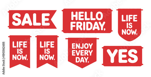 Set of seven red banner flags with motivational and sale messages for graphic design elements