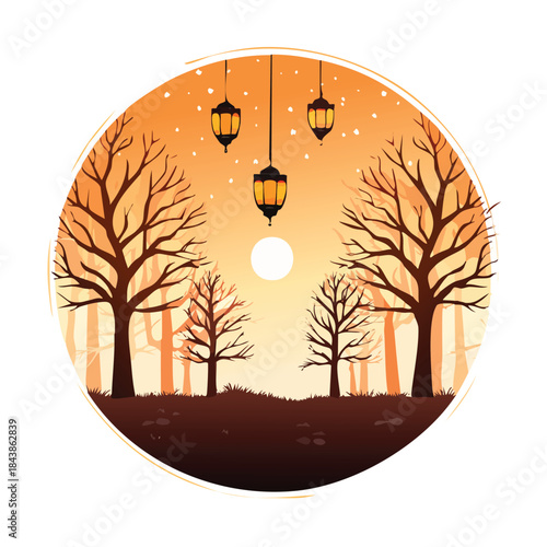 Warm sunset with bare trees and hanging lanterns in a circular frame