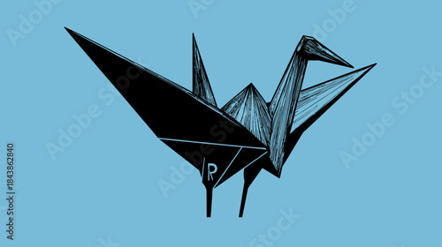 Stylized Black Japanese Origami Crane Illustration with Textured Details on a Serene Blue Background