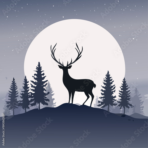 Majestic stag silhouette against a large full moon in a winter forest