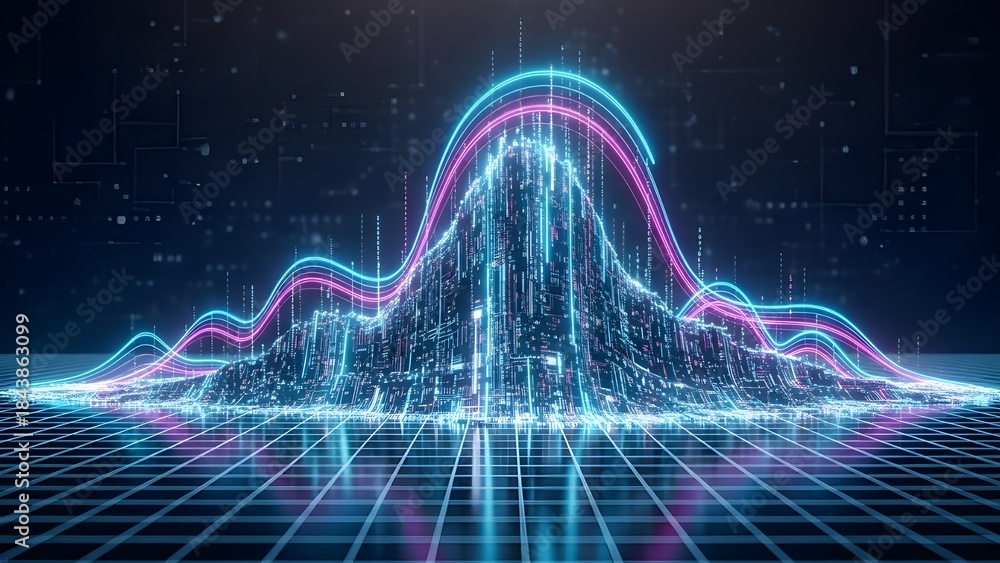 Naklejka premium Massive Data Tsunami Waveform Visualization on Digital Grid