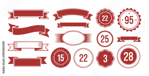 Vintage badge and ribbon set red vector graphic elements for awards certificate numbers labels and quality marks
