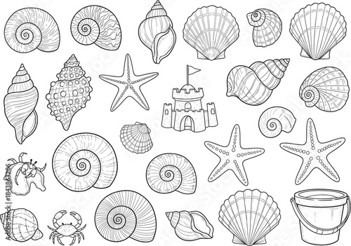Large Black and White Line Art Vector Set of Seashells, Starfish, Crab, and Sandcastle, Ideal for Coloring Pages, Beach-Themed Stickers, or Outline Art.