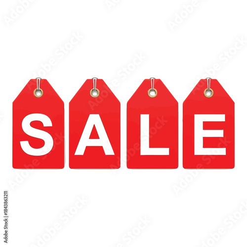 Red sale tags hanging on white background