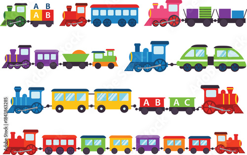 Large Collection of Colorful Cartoon Toy Trains and Wagons with Unique Shapes and Letters, Ideal for Children's Games, Education, and Fun Transport Graphics.