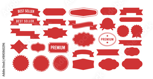 Assortment of red best seller and premium labels ribbons badges and starburst shapes promotion elements
