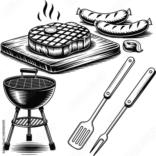Black Silhouette BBQ Grill Vector Set, Barbecue Grilling Silhouette Icons, BBQ Grill Icon Set Vector