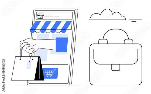 E-commerce concept. E-commerce ed by a smartphone storefront, shopping bag, and business briefcase. E-commerce transforming retail and digital sales. Perfect for retail, technology, business, mobile