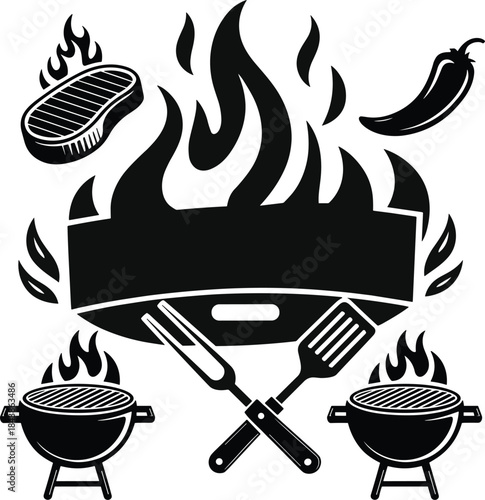 Black Silhouette BBQ Grill Vector Set, Barbecue Grilling Silhouette Icons, BBQ Grill Icon Set Vector