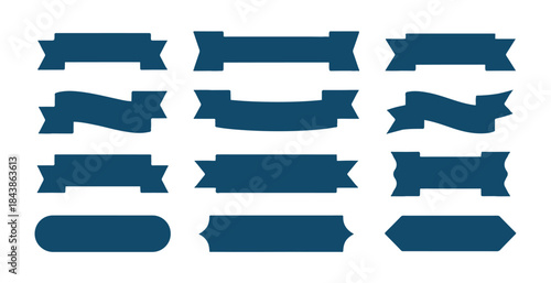 Simple modern navy blue ribbon banner shapes set different styles for titles headers and promotion material.