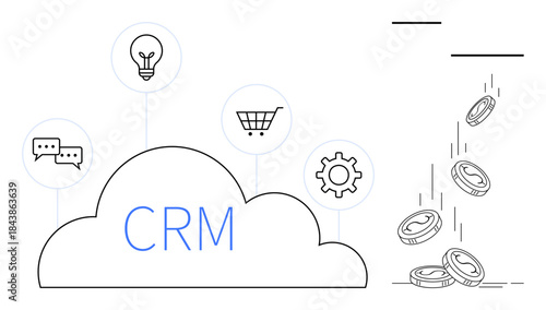 Customer management, business operations, data analysis, software integration, economic growth, cloud services. Visual layout includes CRM text, cloud business icons and coins. Customer management