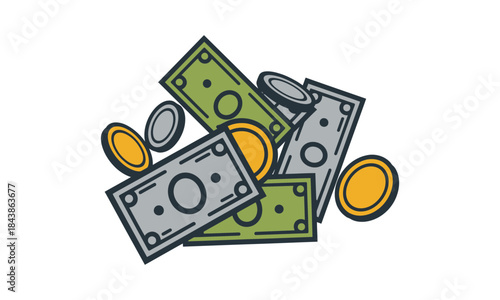 Cash and coins scattered in a messy pile representing financial abundance