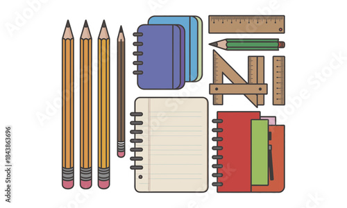 Colorful school supplies arranged neatly on a white background