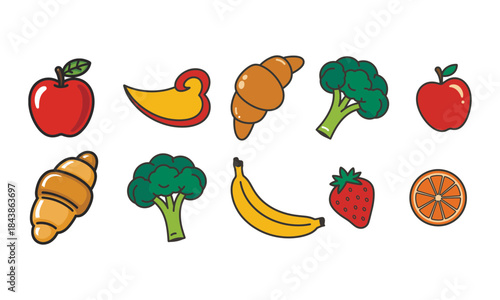 Colorful cartoon fruits and pastries on white background