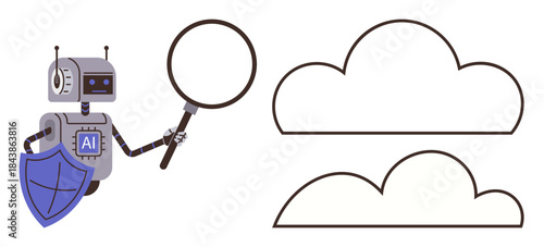Robot labeled AI holds magnifying glass and shield, inspecting two cloud outlines. Ideal for technology, AI, cybersecurity, data analysis, cloud computing, innovation digital safety. Simple flat