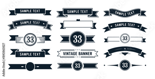 Set of black ribbon banners with sample text and number 33 collection decorative vintage elements design