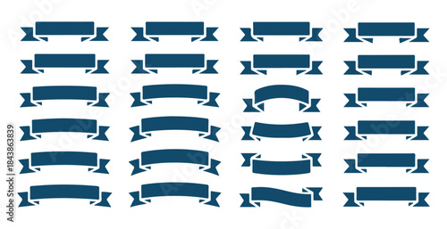 Set of twenty five blue banner ribbon shapes with pointed ends classic scrolls for announcement titles awards certificates
