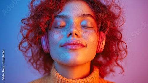 Content Emotion Relaxed People Wearing Headphone Listening To Music Young Woman