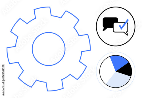 Gear symbol next to pie chart and speech bubbles with checkmark sign for communication, analysis, teamwork, system integration. Ideal for business, strategy, progress, collaboration, operation