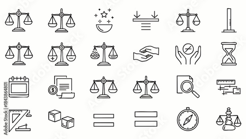 Collection of simple line icons representing scales of justice, time, measurement, and business concepts for legal or financial themes.