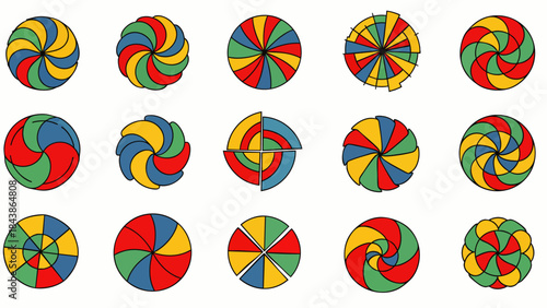 A vibrant collection of colorful circular graphic designs with swirling patterns and segmented sections, perfect for abstract backgrounds.