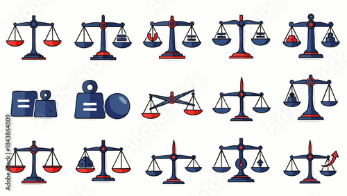 Collection of diverse balance scales symbolizing justice, law, measurement, and equilibrium in a graphic resource.