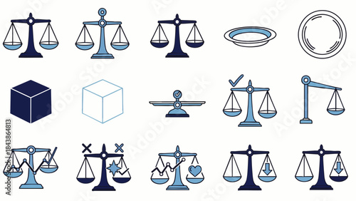 Collection of blue and white balance scale icons representing justice, measurement, and comparison in a clean graphic design.