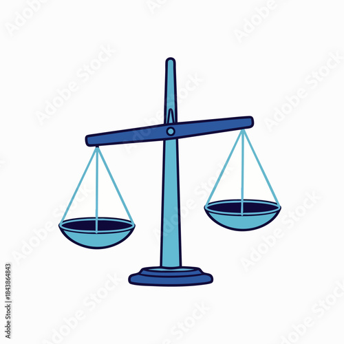 A simple blue illustration of a classic balance scale with uneven pans against a white background symbolizing justice and fairness.